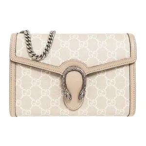 Gucci Dionysus Distressed Tiger-Head Clasp GG Monogram Leather-Trimmed Chain Bag Wallet for Women in Beige