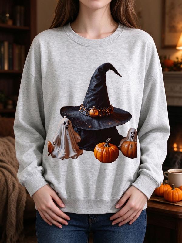 Women's Witch Hat Ghost Garment - Comfortable Long Sleeves Halloween Crewneck, Spooky Fall Aesthetic Oversized Everyday Shirt, Cute Pumpkin Feeling Witchy Top, Casual Halloween Gift