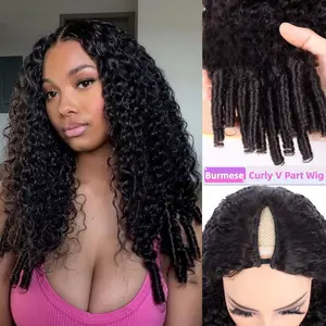 MYLOCKME 180Density V Part Burmese Curly Wig With Drawstring Human Hair Wig No Leave Out Brazilian V Part  Kinky Curly Human Hair Wig