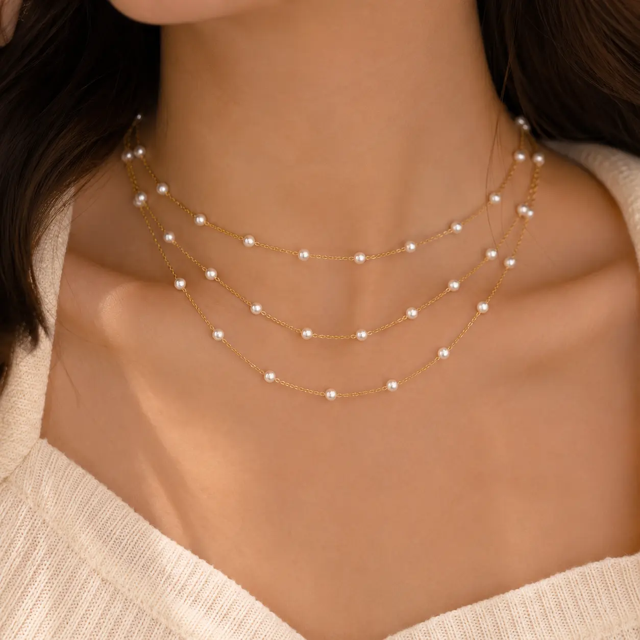 Statement Necklaces for Women, Elegant 3-Layer Faux Pearl Necklace with Adjustable Chains, Comfortable Jewelry for Daily & Special Occasions, 3-Layer Pearl Necklace