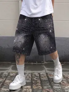 Men's Gradient Sparkling Rhinestone Denim Shorts, High Waist Loose Fit Streetwear Five-Quarter Pants, Summer Versatile for All Occasions Menswear