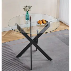 Black Dining Table with cross metal leg and tempered glass,Modern Space Saving Kitchen Table for Living Room