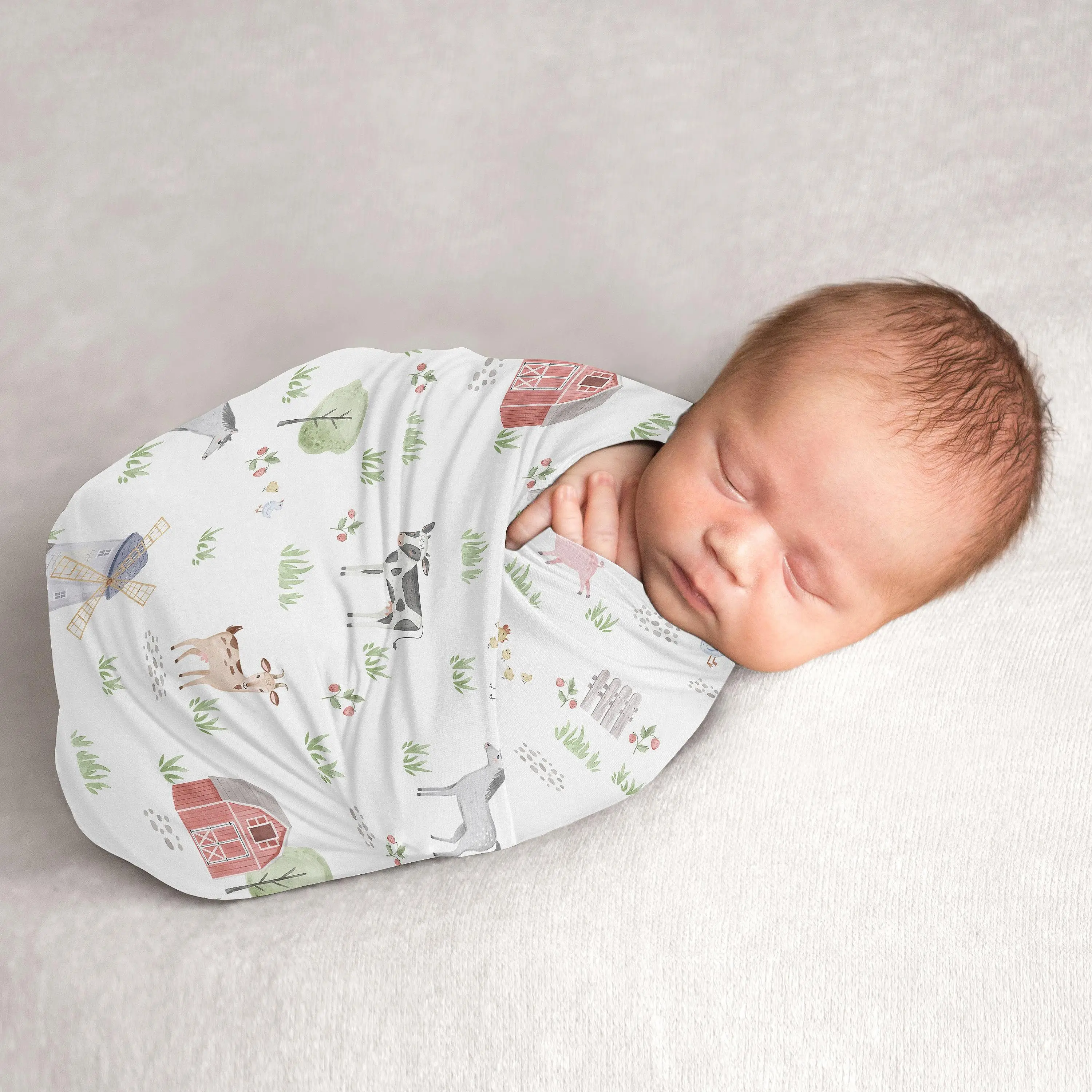 Sweet Jojo Designs Farm Animals Boy or Girl Swaddle Blanket Jersey Stretch Knit for Newborn or Infant Receiving Security - Watercolor Farmhouse Horse Cow Sheep Pig Farm Life Gender Neutral