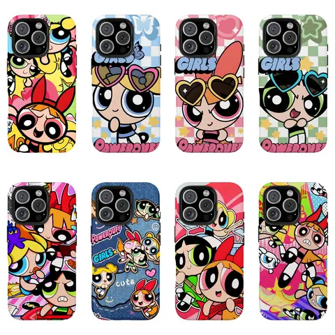 Kawaii Powerpuffs Cartoon Character Protective Smartphone Cover Jacket for iPhone 12-17 Series (Pro, Pro Max, Air, Plus) - Cute Phone Accessories, Shockproof Cushion, Dustproof Eco-Friendly Full Shell, Scratch Resistant Cellphone Case, Christmas Gift