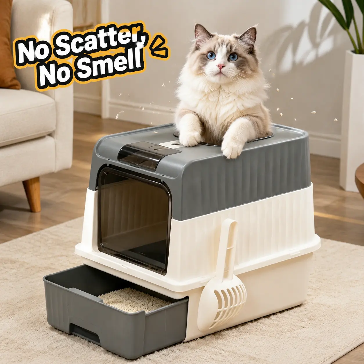 Large Capacity Drawer-Style Cat Litter Box - Top-Opening Dual-Entry Fully Enclosed Design with Activated Carbon Odor Control, Splash Guard, Detachable Washable Parts, Easy Assembly, Hanging Litter Scoop, High Walls