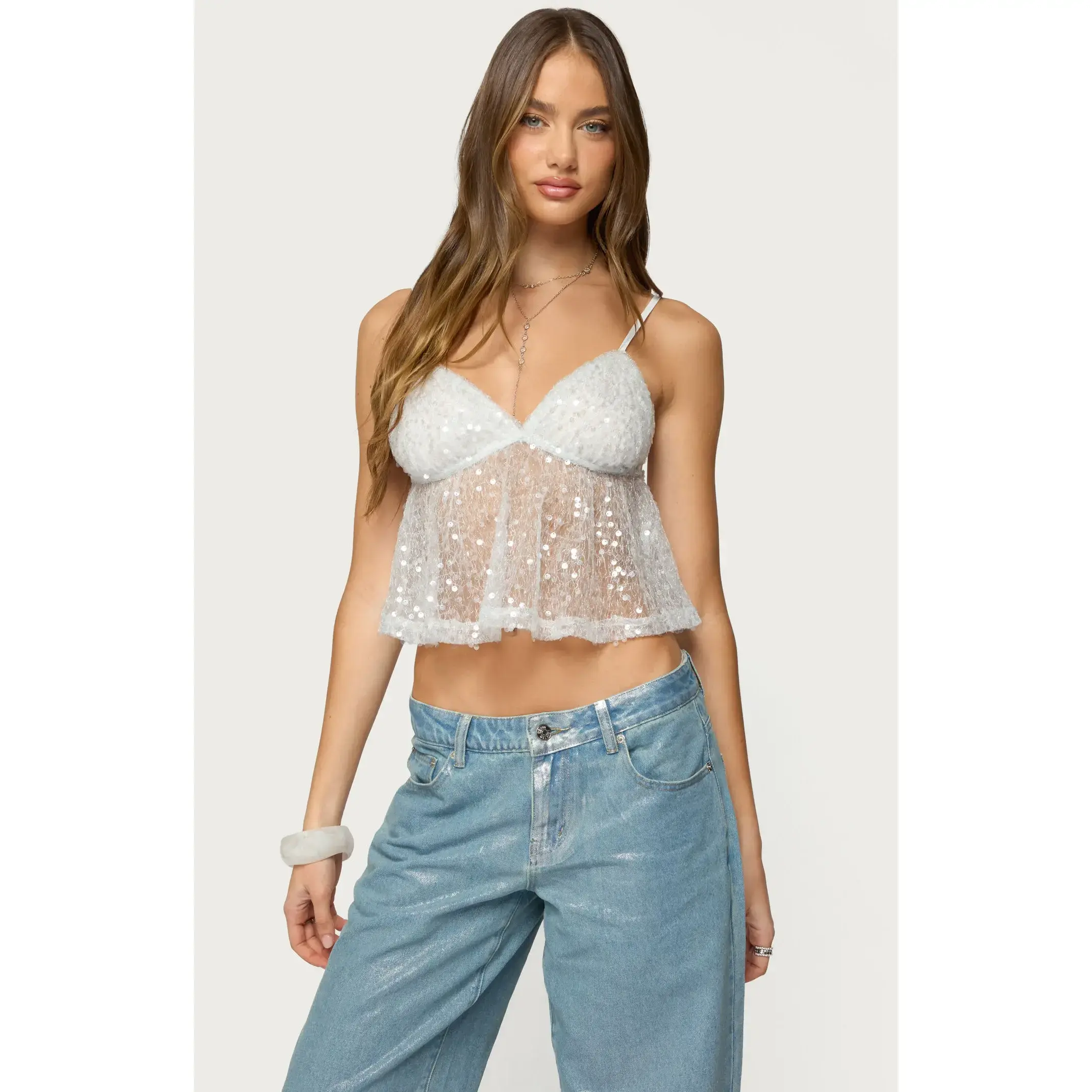 Edikted Women's Sheer Sequin Babydoll Tank Top