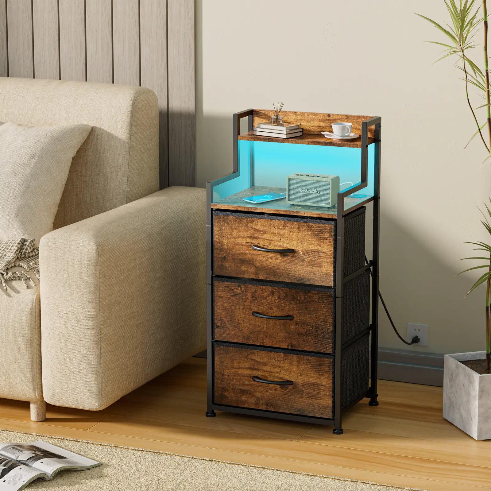 LeadPro 3-Drawer Nightstand with Charging Station & LED Lights, Bedside Table 3 Fabric Drawers, Dresser with USB Ports and Outlets for Bedroom