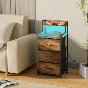 LeadPro 3-Drawer Nightstand with Charging Station & LED Lights, Bedside Table 3 Fabric Drawers, Dresser with USB Ports and Outlets for Bedroom