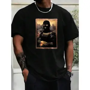Manfinity LEGND Men Plus Size Summer Casual Mona Lisa Graphic Printed Short Sleeve T-Shirt, Going Out Street Wear Classic Clothes, casual streetwear, camping life, modern graphic, for Women, colorfast durability