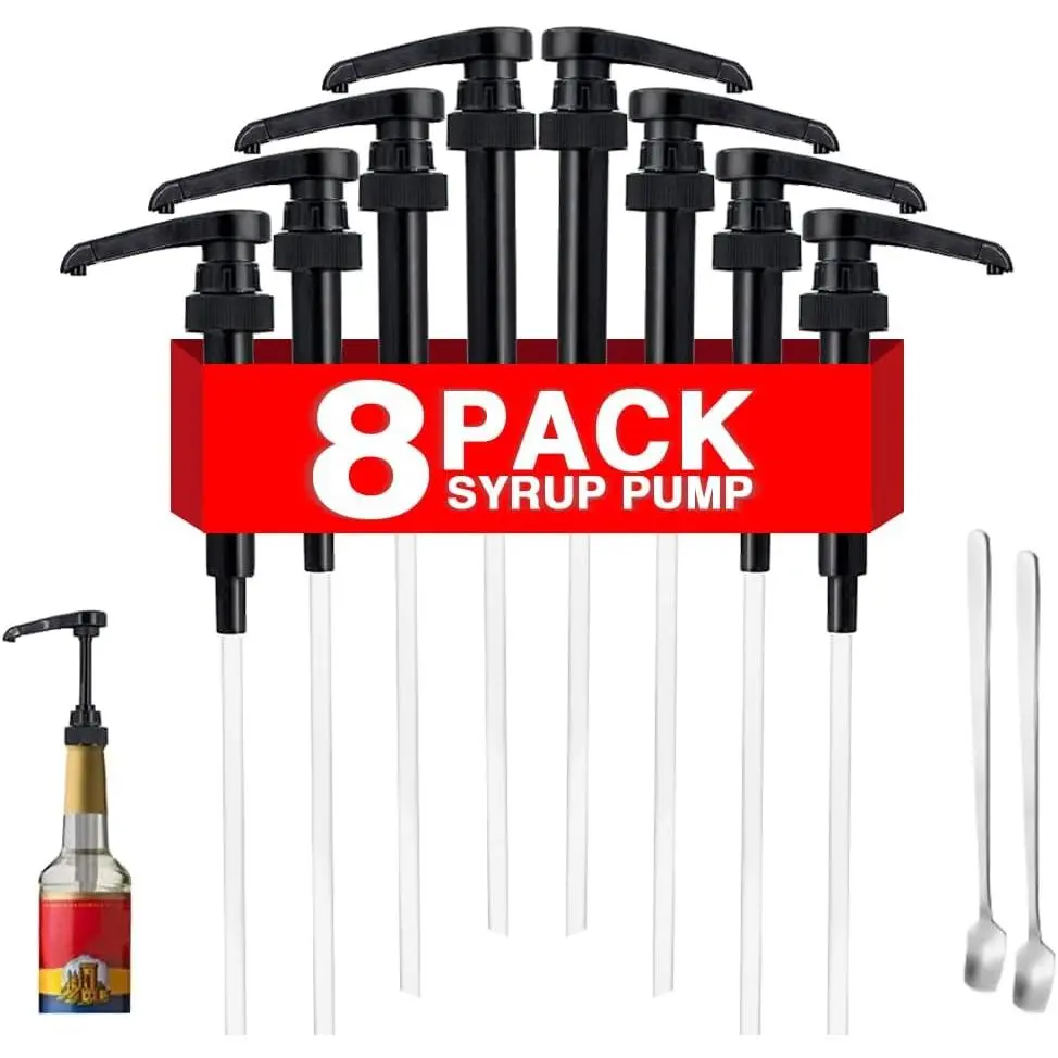8 Packs Black Coffee Syrup Pump Dispenser, Compatible with 25.4 Oz/750ml Bottles,  for Home & Coffee Bar Drinking Mixes, , Beverage, , Plus Spoons(5.23")