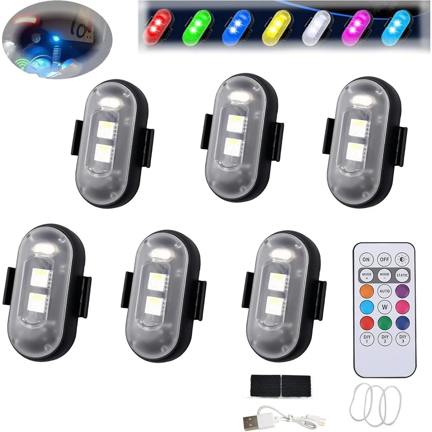 Summer LED Lights for Car - Remote Control Strobe Light, Drone Strobe Light, LED Anti-Collision - Lights for Car, Motorcycle, Drone, Bike (6pcs)