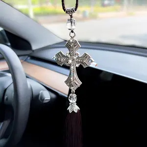 Diamond-encrusted cross car pendant, personalized and creative rearview mirror decoration, stylish metal interior accessory for men and women