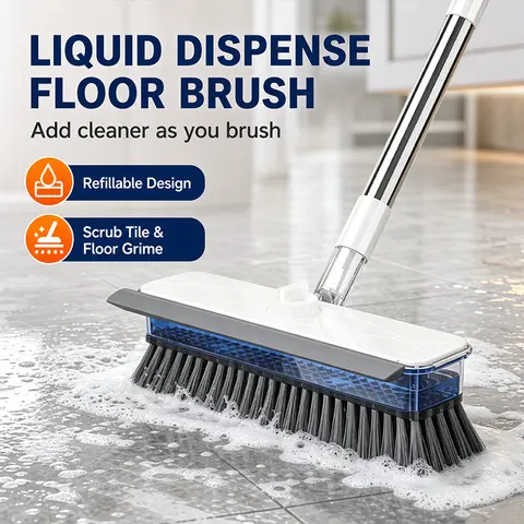 All-in-1 Liquid Dispensing Floor Scrubber Brush Squeegee Broom - Household Multipurpose Cleaning Tool, Long Ergonomic Handle, Press-to-Release Soap Tank, Hard Bristles, Stand-Up Design for Tile, Bathtub, Home Goods, Cleaning Household Items
