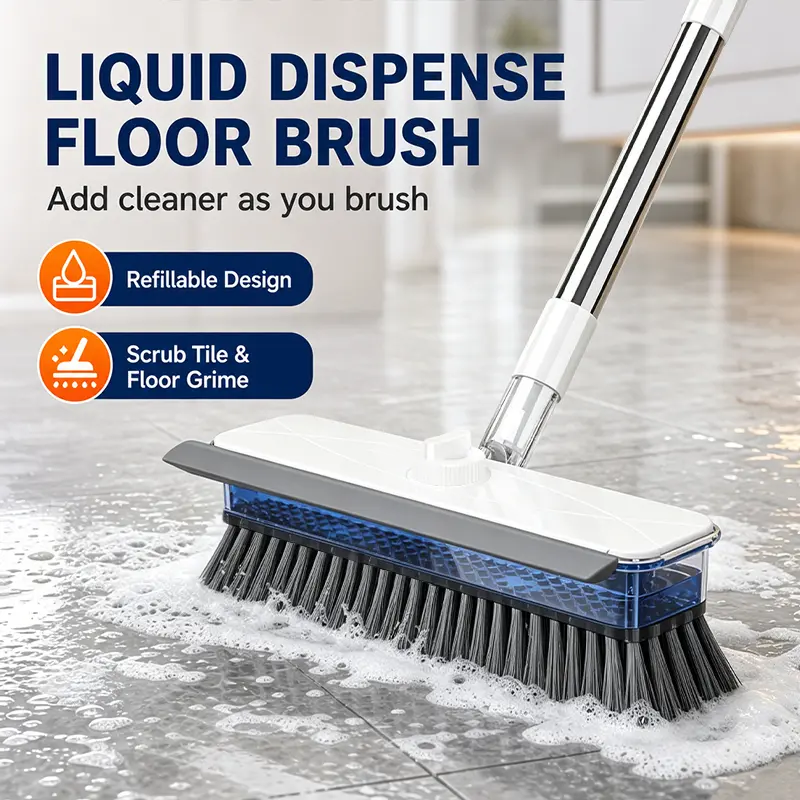Sturdy Liquid Dispensing Floor Scrub Brush with Long Handle, Press-to-Release Soap, Hard Bristles, Built-in Tank, Pink Broom & Dustpan Set, Daily Home Care Tool for Bathtub, Scrub Tile & Floor Grime