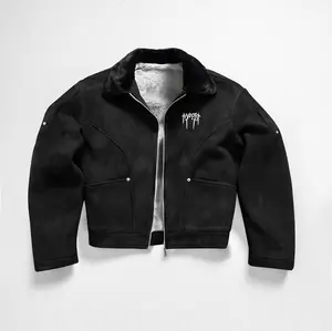 Men's Casual Flap Collar Fleece Lined Warm Jacket Black with Small Logo Print Vintage Street Style Short Design for Autumn Winter Menswear Coats Tops Long Sleeve Motocross Graphic