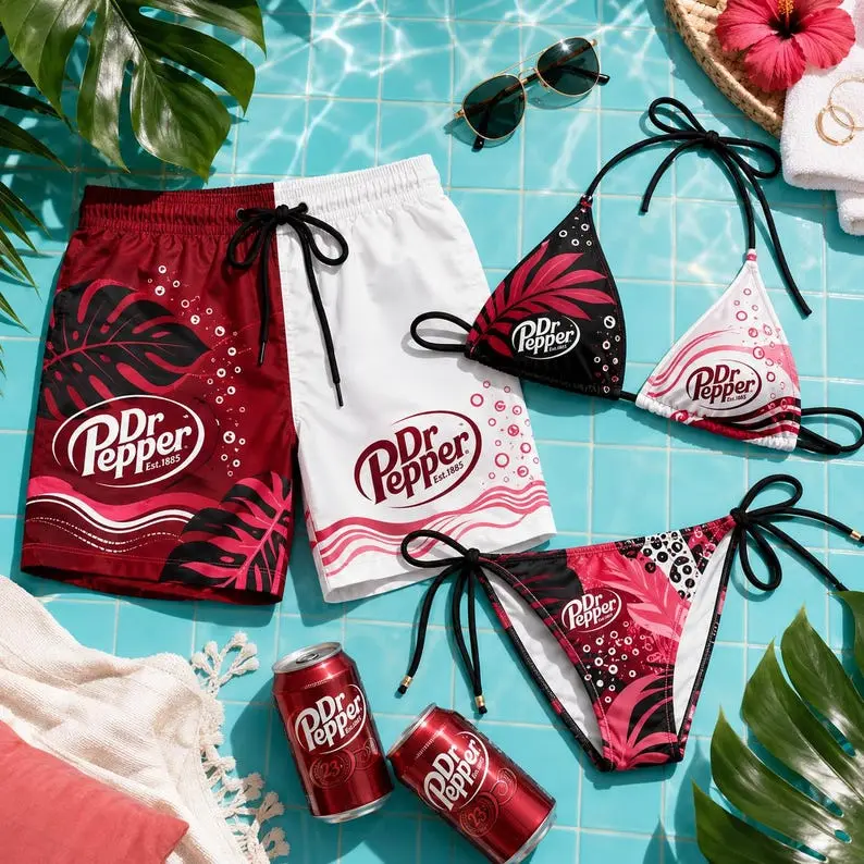 Matching Couple Swimwear, Tropical Monstera Bikini Swim Trunks, Soda Maroon Two Tone Set, Honeymoon Beachwear Gift, His and Hers