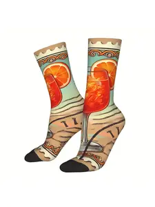 BIIHUDU Men's Orange Sweet Wine Socks - Full-Body Printed Vibrant Cocktail & Citrus Design, Soft Polyester Novelty Socks for