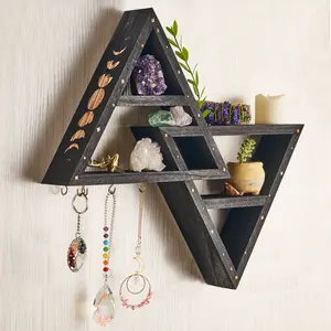 Crystal Display Stand with Hook, Wooden Triangular Crystal Holder, Room Decor Moon Rack, Storage Shelf for Living Room, Bedroom, Witchy Style, Hanging Storage, Home Storage Hook