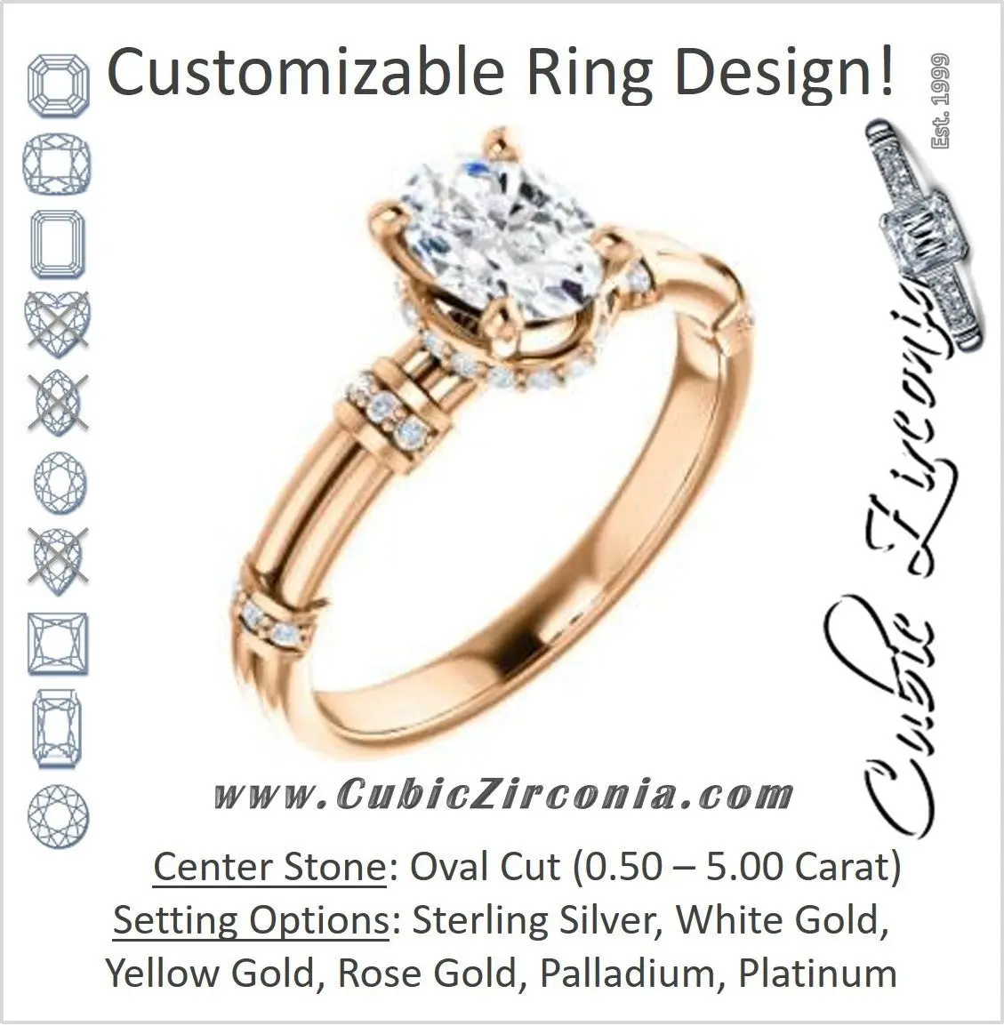 Cubic Zirconia Engagement Ring- The Jayla (Customizable Oval Cut Style with Under-Halo & Horizontal Band Accents)