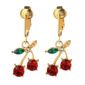 Gold Crystal Cherry Clip On Dangling Earrings