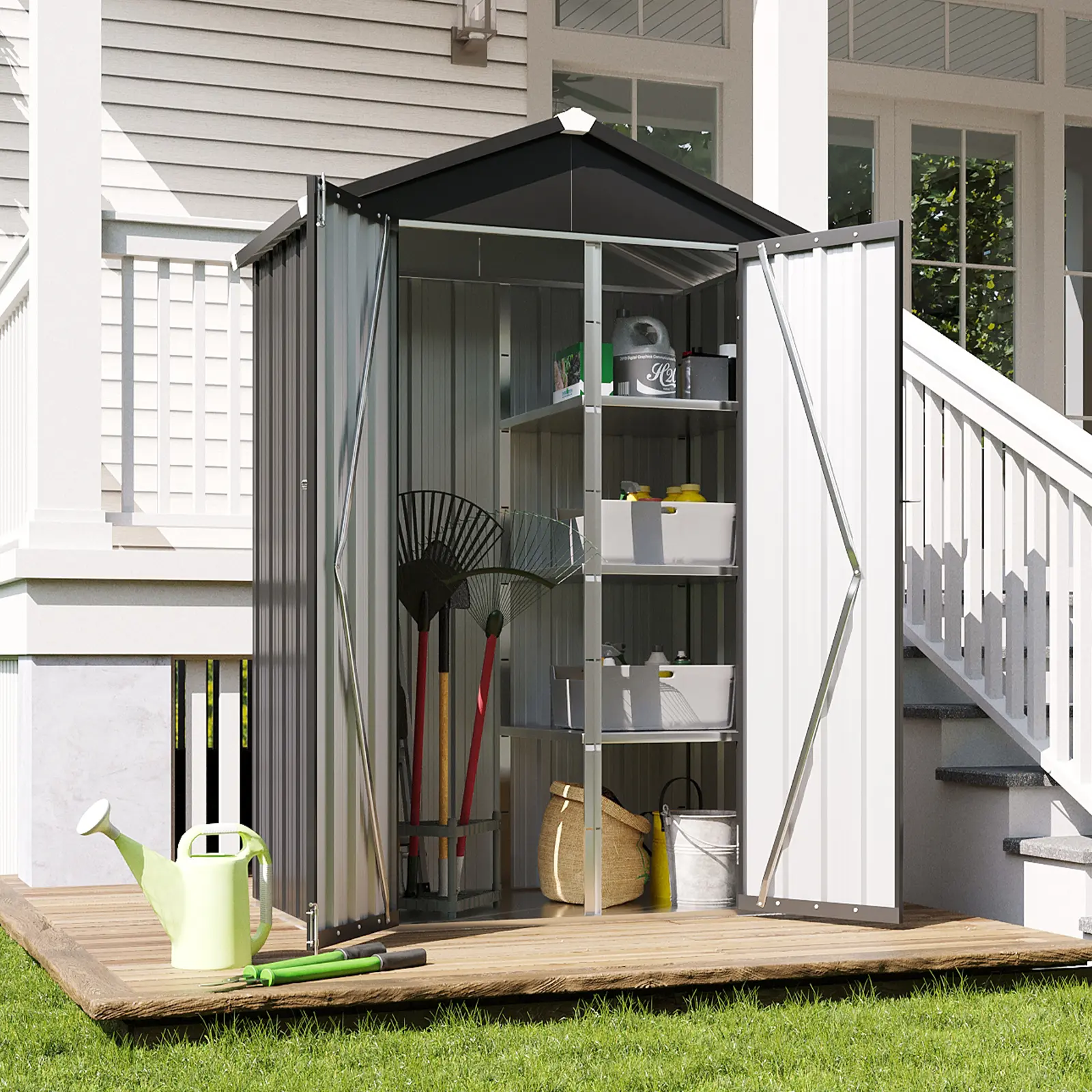 Aoxun Vertical Metal Tool Cabinet 2.5x2FT, 21 Cu.Ft Weatherproof Outdoor Storage Shed with Floor & Adjustable Shelves, Space-Saving Design for Garden, Garage, Patio