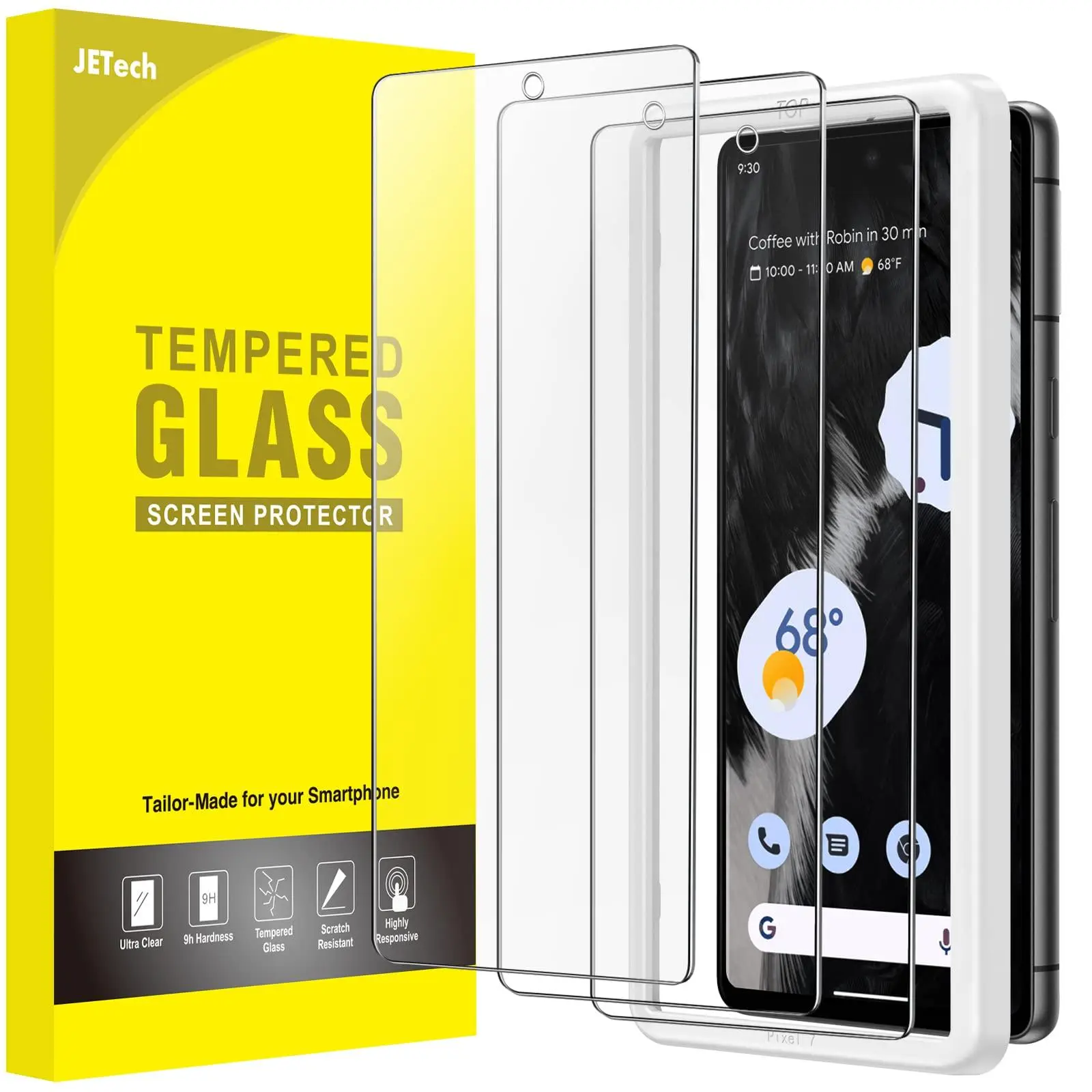 JETech Tempered Glass Smartphone Screen Protector for Google Pixel 7 Handheld Devices, 3-Pack, Easy Installation Tool Included, Fingerprint Compatible, HD Mobile Phone Protection Accessories