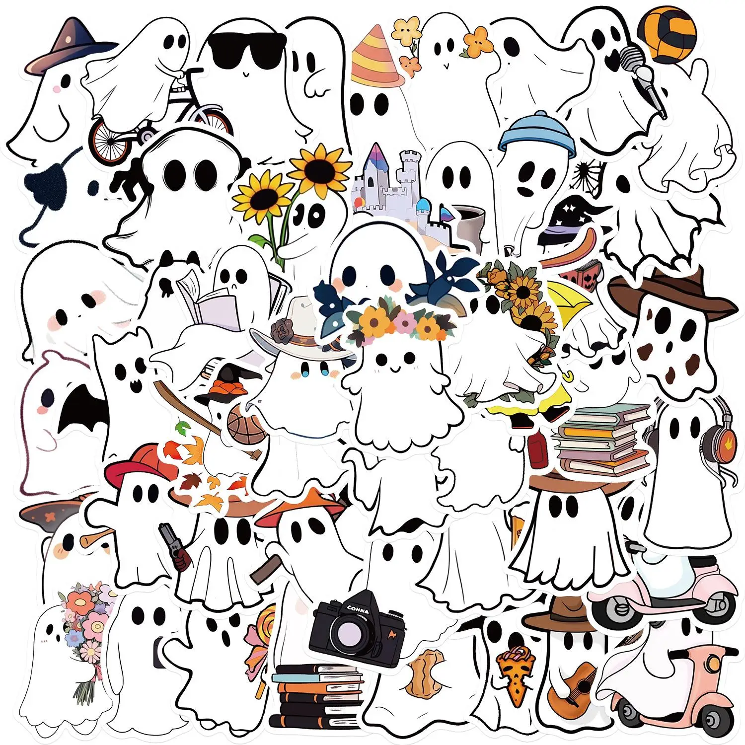 Ghost Series Sticker, 50pcs/set Cute Ghost Patterned Decorative Sticker, DIY Decals for Water Bottle, Laptop, Phone Case, Scrapbooking, Journal Making