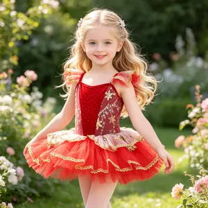 Red Velvet Star Ballet Tutu Dress for Girls - Ruffle Sleeve Gold Trim Dancewear, Toddler Ballerina Outfit for Recital & Parties