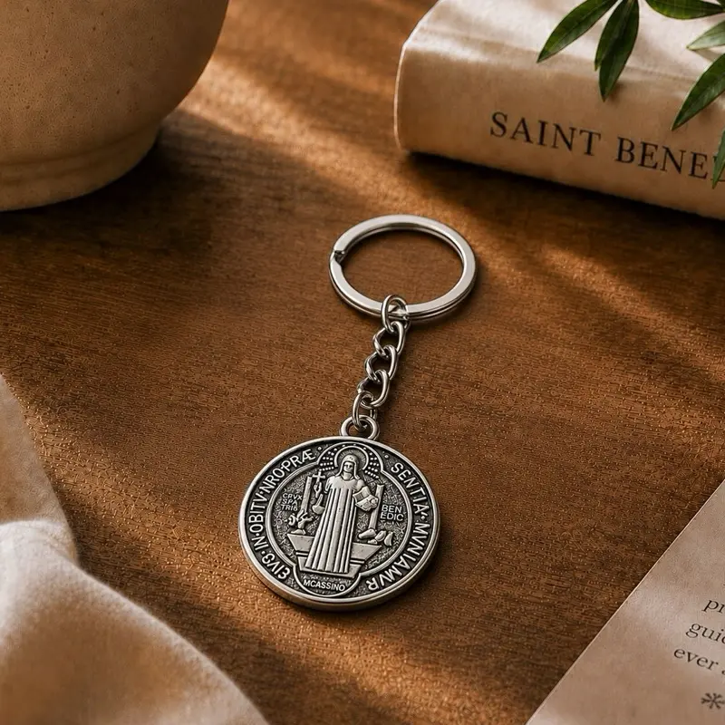 Unisex Stainless Steel St. Benedict Classic Medal Charm Keychain with Biblical Cross, Durable Casual Simple Religious Jewelry, Daily Everyday Gift for Collectors (Includes Keychain)