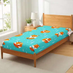 Cartoon Fox Fitted Sheet Cute Woodland Fox Bed Sheet Set  3D Animal Theme Bedding Set for Boys Girls Kids Bedroom Decor Microfiber Soft Blue Kawaii Foxes Pattern Bed Cover
