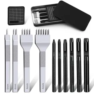 11 Pcs Leather Stitching Punch Hole Punch Tool Set,Including 4mm 1/2/4/6 Prong Punch Chisel,Round Hole Punch for Belt,Watch Band,Leather Strap DIY Crafts,Hand Tools Kits