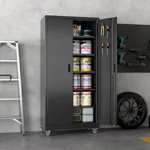 Aobabo 71"H x 34"W Mobile Black Metal Garage Storage Cabinet with Wheels, Heavy Duty Steel Rolling Tool Organizer Cupboard with 5 Adjustable Shelves for Home Office Warehouse & Utility Room, Freestanding Furniture Assembly Required