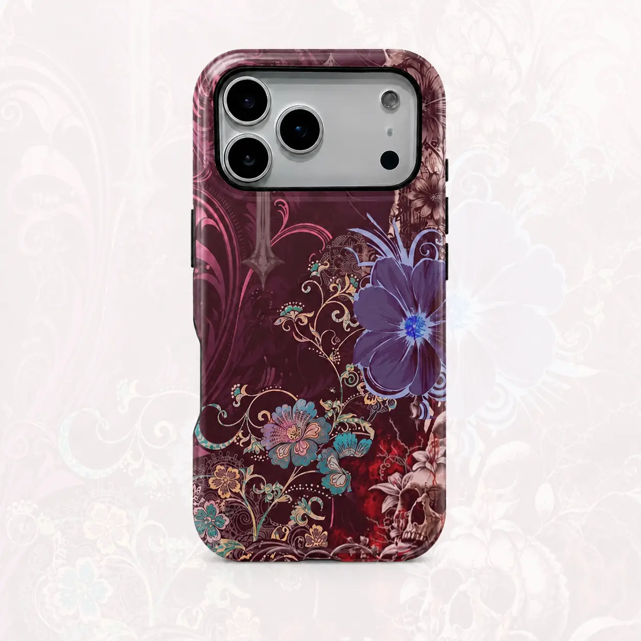 Vintage Burgundy Ornate Botanical Floral Phone Case | Layered leaves and blossoms with antique depth in Burgundy Brown and Black for iPhone 17 16 15 14 13 12 11 Pro Max Plus Air, Glossy 2-in-1 Shockproof Case, for a Nostalgic Everyday Look
