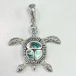 Sterling Silver 925 Mother Of Pearl Abalone Sea Turtle Oxidized Pendant Sea Jewelry