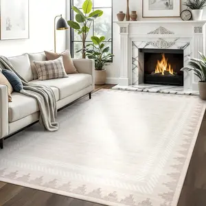 Garvee Modern Solid Area Rug 5x7 - Washable, Non-Slip, Non-Shedding, Stain-Resistant Bordered Throw Carpet in Ivory White for Living Room, Bedroom, Dining Table - Foldable and Neutral Floor Rug