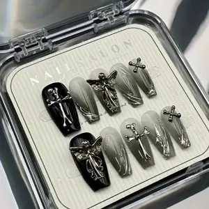 Gothic Style Gradient Press-On Nails, 3D Angel & Cross Charms, Glossy Long Coffin Fake Nails, Handmade Ballet Shape Design, Nail Decoration, Unique Finish