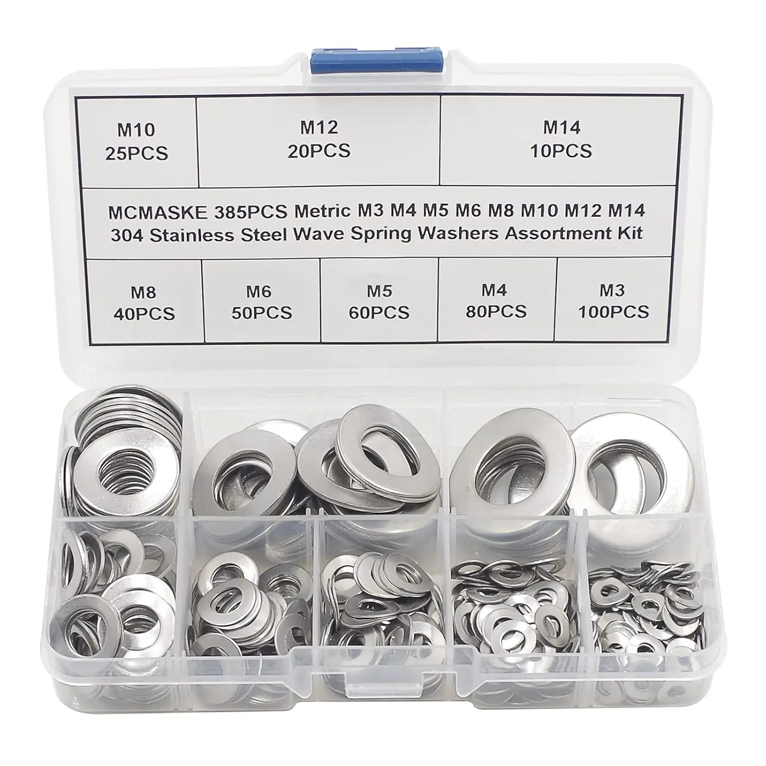 385PCS Metric M3 M4 M5 M6 M8 M10 M12 M14 304 Stainless Steel Wave Spring Washers Assortment Kit