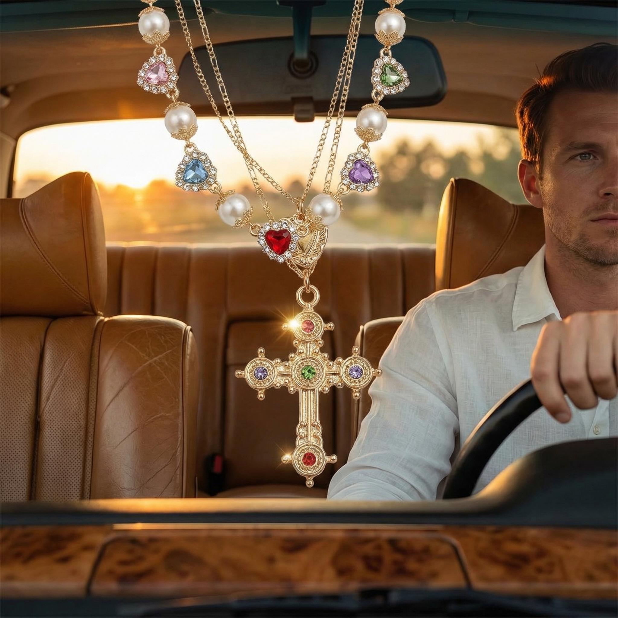 4Pcs Universal Car Interior Hanging Decor | Retro Gold Baroque Cross & Pearl Charm | Gothic Mirror Jewelry Accessory | Perfect Creative Gift for Her Interior Solar Powered Winter Windshield Defroster Adjustable High-Powered Dual Motor Off-Road Scooter