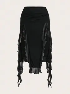 Women Pleated Patchwork Layered Asymmetrical Hem Mid-Length Low Rise Skirt