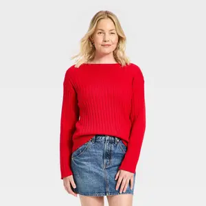 Women's Ribbed Boat Neck Pullover Sweater - Universal Thread Red L