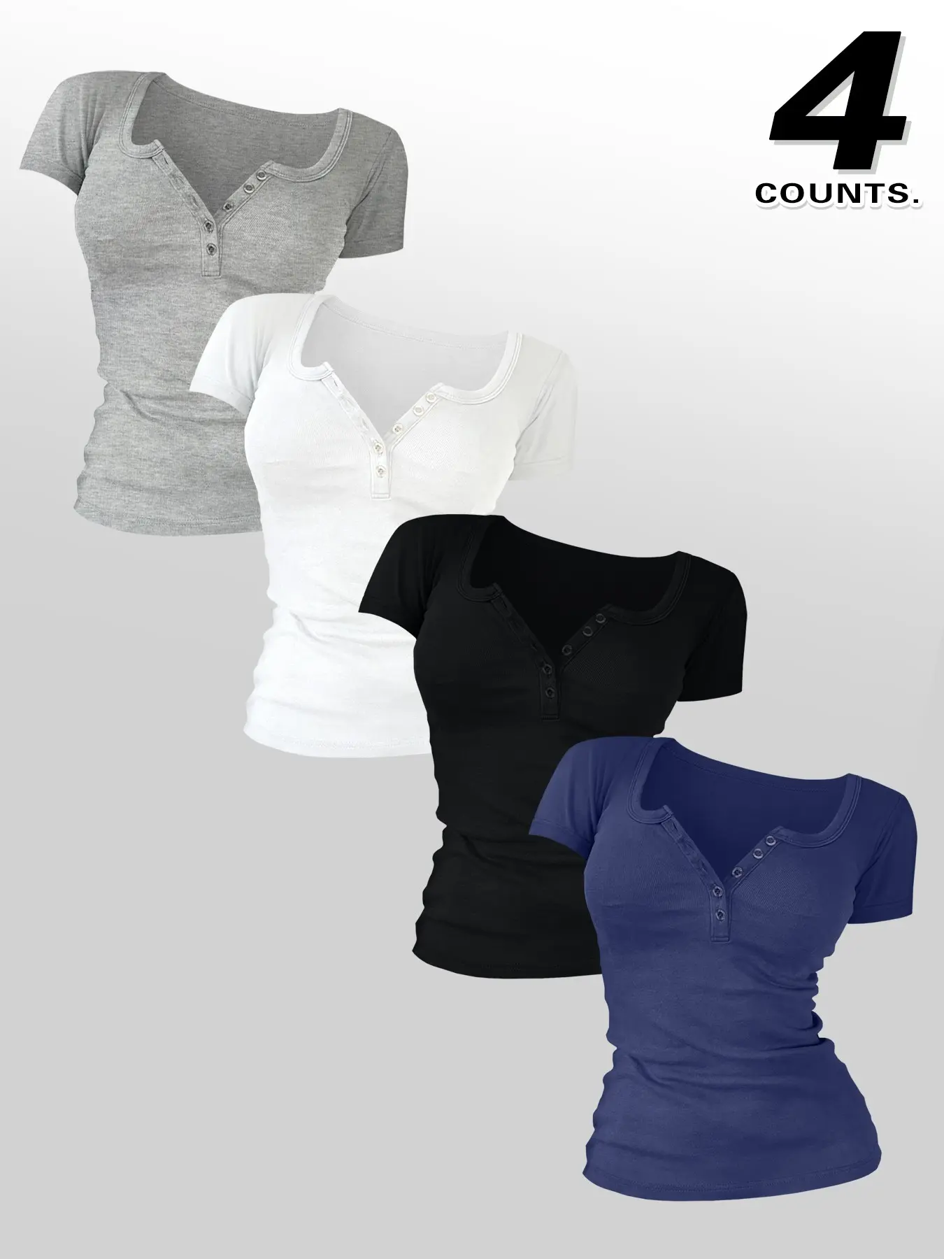 Women's Solid Color Plain Buttons 4 Pieces  V Neck Button Front Tee, Casual Women's Short-Sleeve Top T-shirt For Summer, Ladies Basic Clothes for Daily Wear, Aesthetic TikTok Trending T-shirt Women
