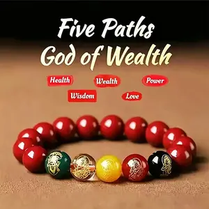 Petralune Five Gods of Wealth Bracelet, red cinnabar, feng shui jewelry symbolizing good fortune and prosperity, wealth protection, spirituality, and balance—an ideal choice for entrepreneurs and professionals.
