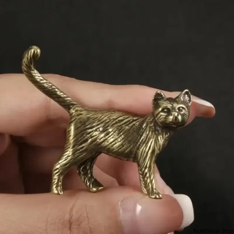 Retro Brass Cat Figurine - Hand-Carved Metal Miniature with Long Tail, Fashion Accessory for Desktop Home Decorations Accessories, Decoration Figure, Figurines Decor, Art Figurine, Basic, Synthetic, Vintage