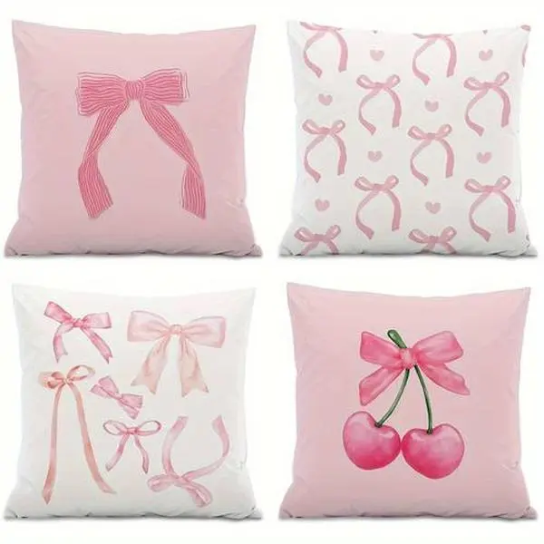 4PCS Creative Bow Design Cushion Cover - Blush Pink Room Decor, Christmas Home Accessory for Living Room & Bedroom Sweet Ambiance