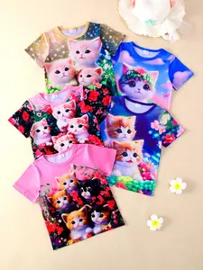 Girls' Cute Cat Kitty Flower Print Short Sleeve T-Shirt Set, Soft Comfortable Fabric, Casual Fashion Design, Spring Summer Outdoor Sports Gift, Floral Print Set