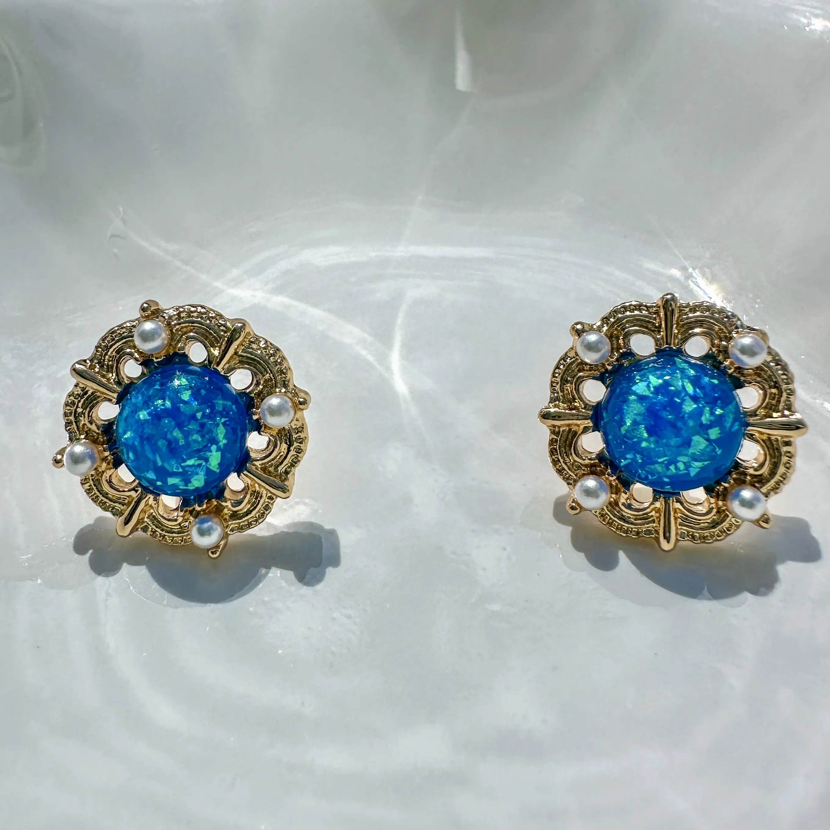 Vintage Inspired Blue Opal Stud Earrings | Oceancore Mermaidcore Gold Pearl Earrings | Coastal Chic Jewelry Gift