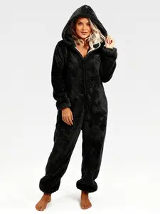 Onesie Pajamas Jumpsuit for Women Plus Size Hooded Sherpa Fuzzy Warm Cute Sleepwear with Pockets Solid Cozy Rompers for Comfort and Style