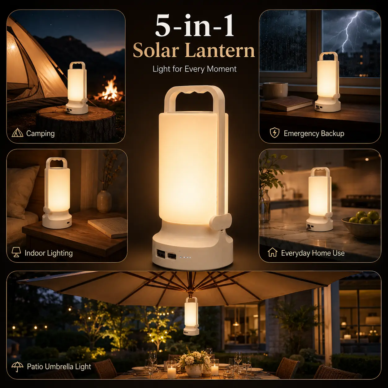 5-in-1 Solar Patio Umbrella Lantern, Rechargeable Outdoor Light with Phone Charger, 5000mAh Emergency Backup Light for Backyard, Garden, BBQ, Camping & Power Outages