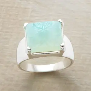 Antique 925 Sterling Silver Chiseled Green Chalcedony Retro Ring Marquise Ring Stack Elegant Ring