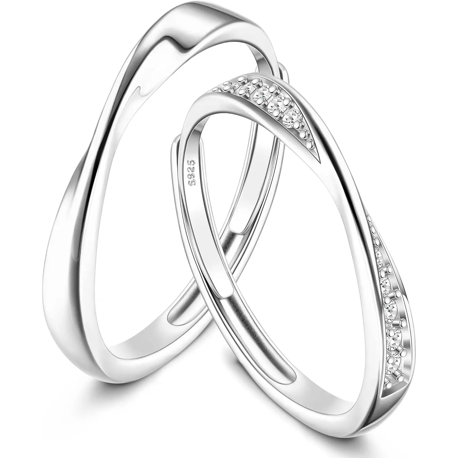 MILACOLATO 2 PCS 925 Sterling Silver Rings Set for Women Men Adjustable Polished Zirconia Ring Set Engagement Ring Wedding Rings Couple Rings Jewelry Valentine's Day Gifts